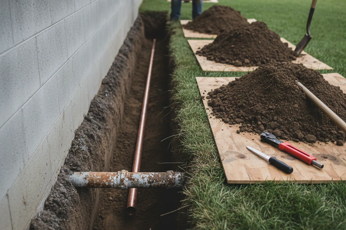 Excavated water line trench during Sewer Line Repair in Loganville